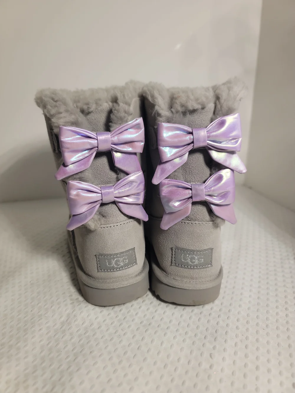 UGG Kids Gray Boots with Lilac Bows